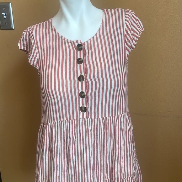 American Eagle Womens XS Flowy Striped Cap Sleeve Short Tiered Dress Red White - Picture 2 of 11